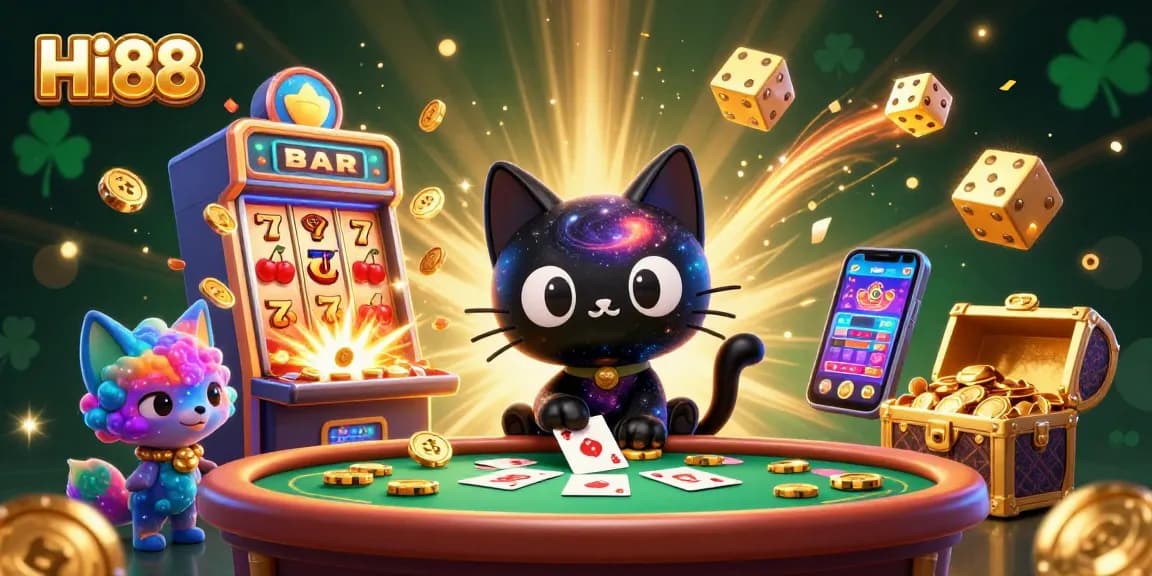 Experience thrilling gameplay at Hi88 with a cosmic casino scene featuring a black hole cat and vibrant elements.