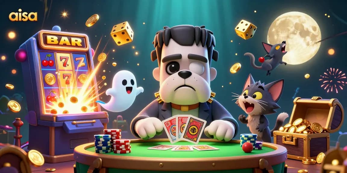 Play thrilling games at aisa's vibrant casino scene with a playful Frankenstein bulldog dealer.