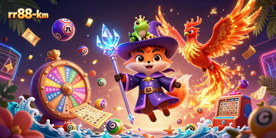 rr88-km features a lucky wizard fox and phoenix amidst vibrant lottery elements, enhancing your gaming experience.
