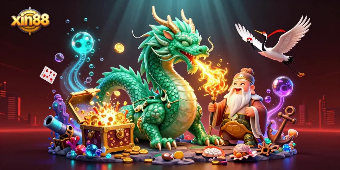 Engage with xin88's immersive gaming experience featuring a jade dragon and vibrant illustrations.