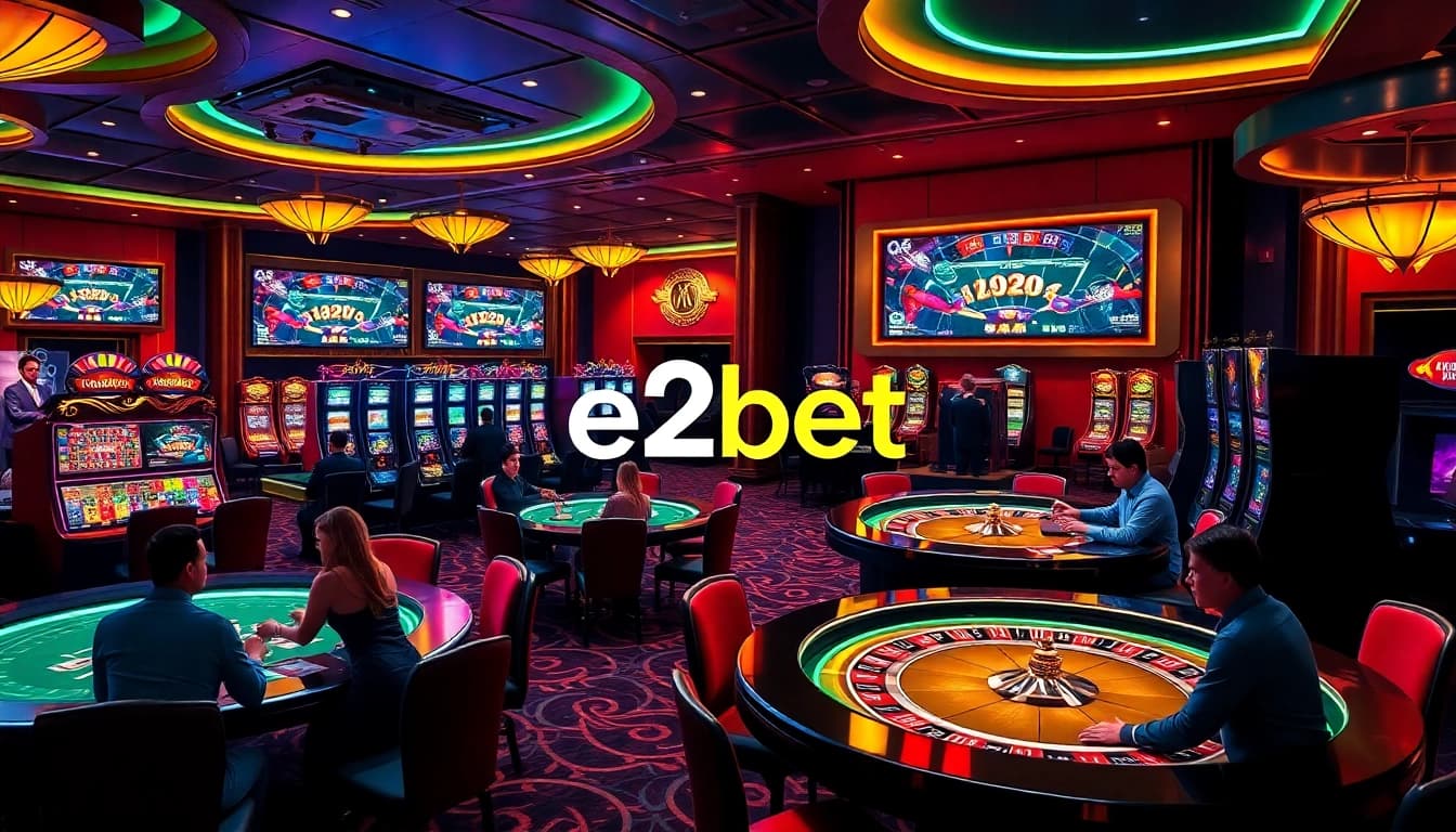 Experience thrilling gaming action at e2bet with a vibrant casino interface showcasing roulette and slots.