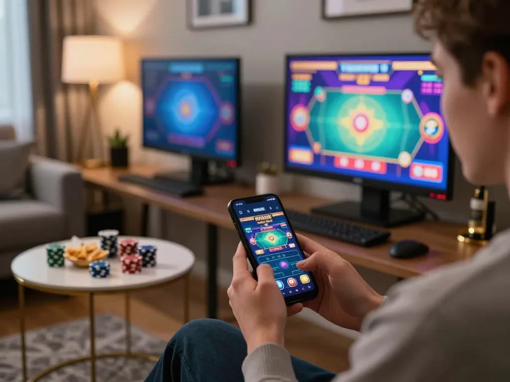 Engaging with MM88 online gaming on smartphone surrounded by a cozy home setup.