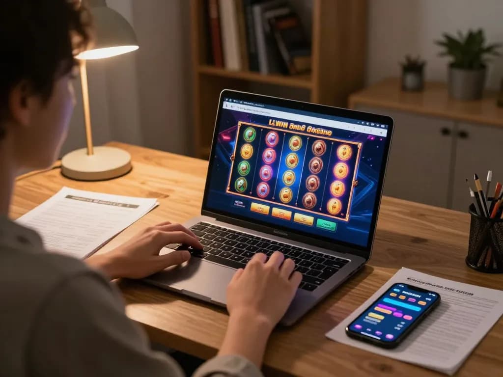 Player engaging in LLWIN online casino gaming from a stylish home office setup, showcasing vibrant slot graphics.