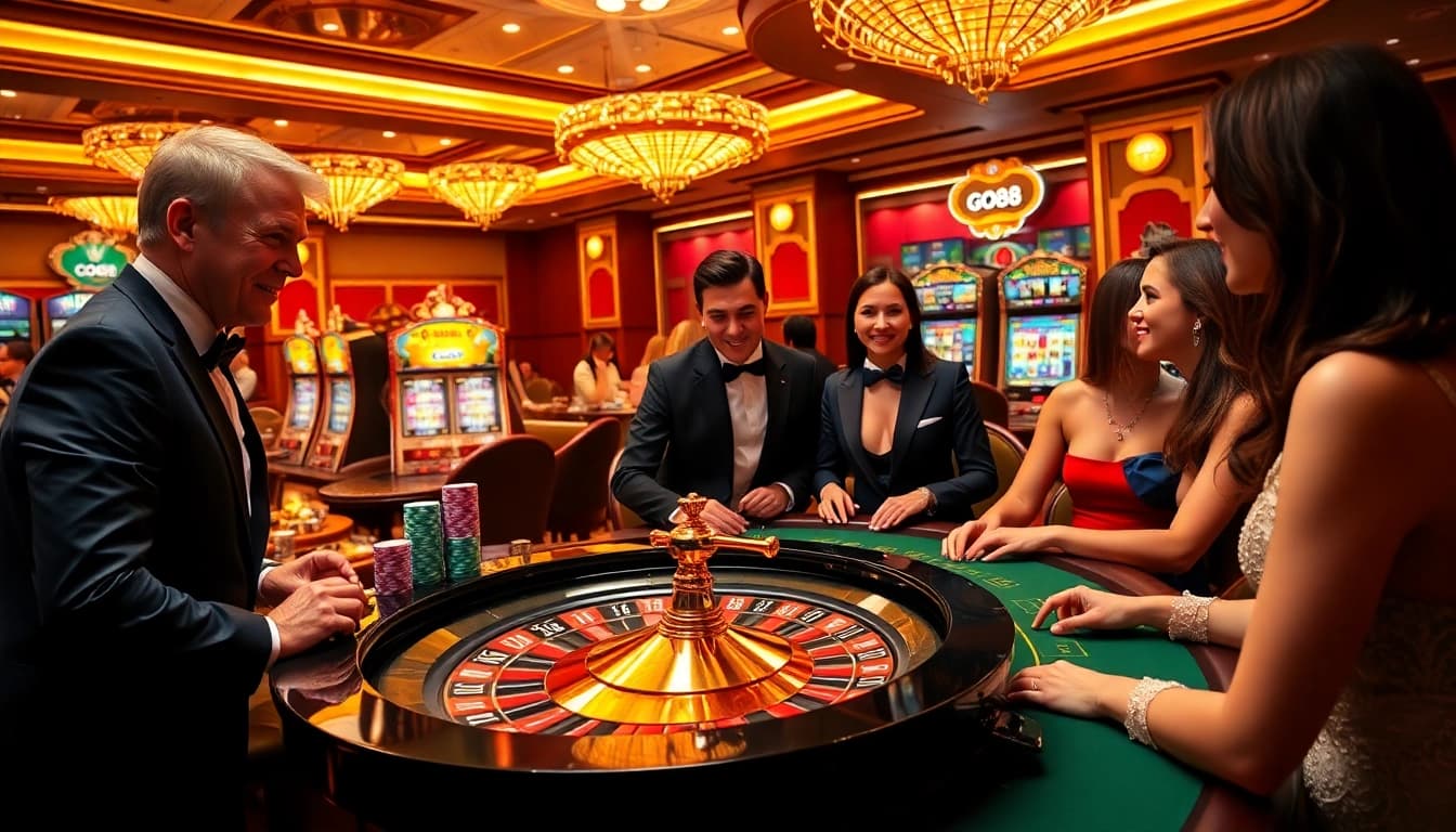 GO88 players celebrating a win at a luxurious casino table, showcasing poker chips and excitement.
