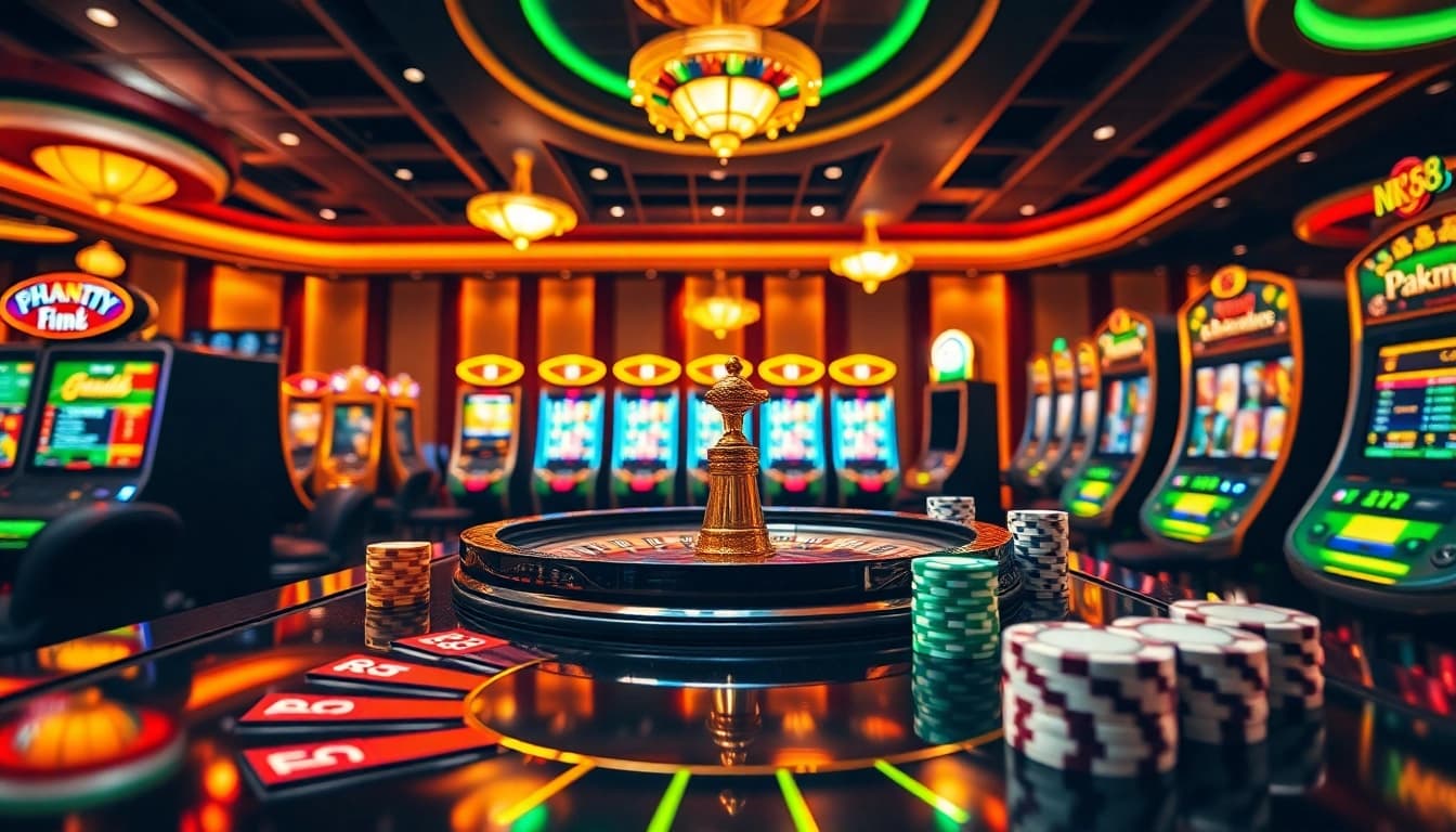 Experience the thrill of nk88 action with vibrant casino games featuring roulette, poker chips, and slot machines.