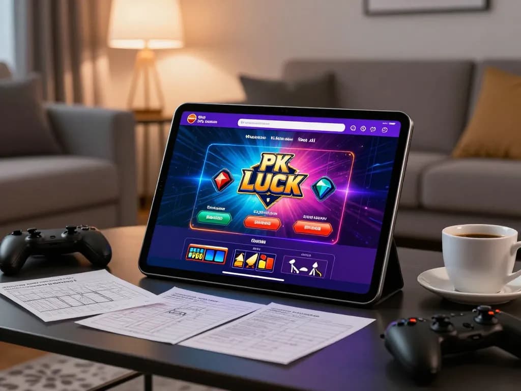 Engaging with the new pk luck casino platform on a tablet in a cozy home setting, showcasing online gaming excitement.