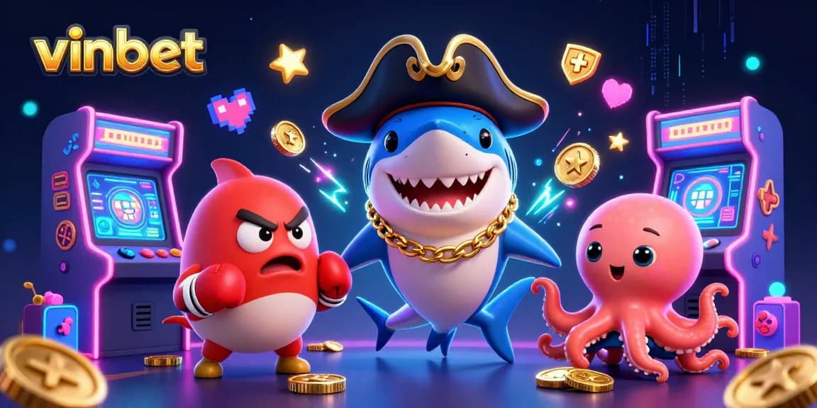 Engage in thrilling gameplay with vinbet, featuring a cartoon pirate shark and friends amidst dynamic casino elements.