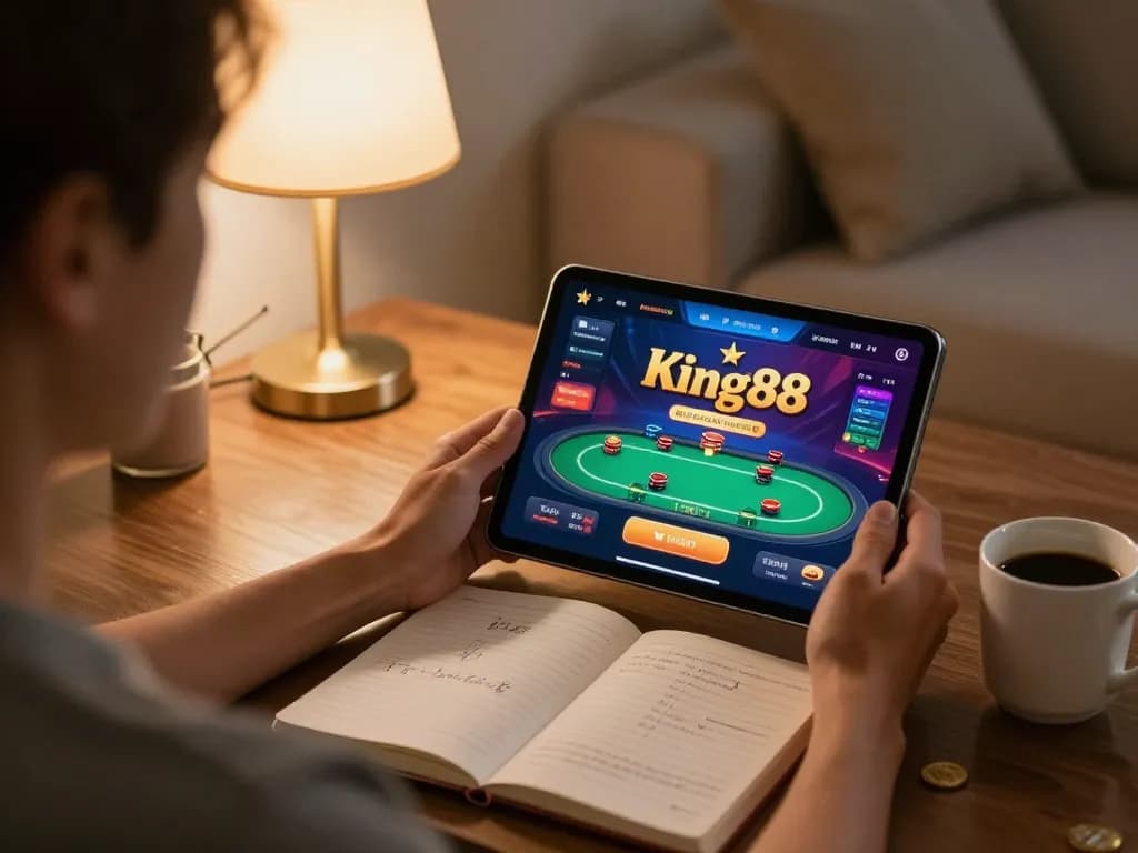 Engaging in King88 online poker from home, showcasing vibrant gaming interface and strategy preparation.