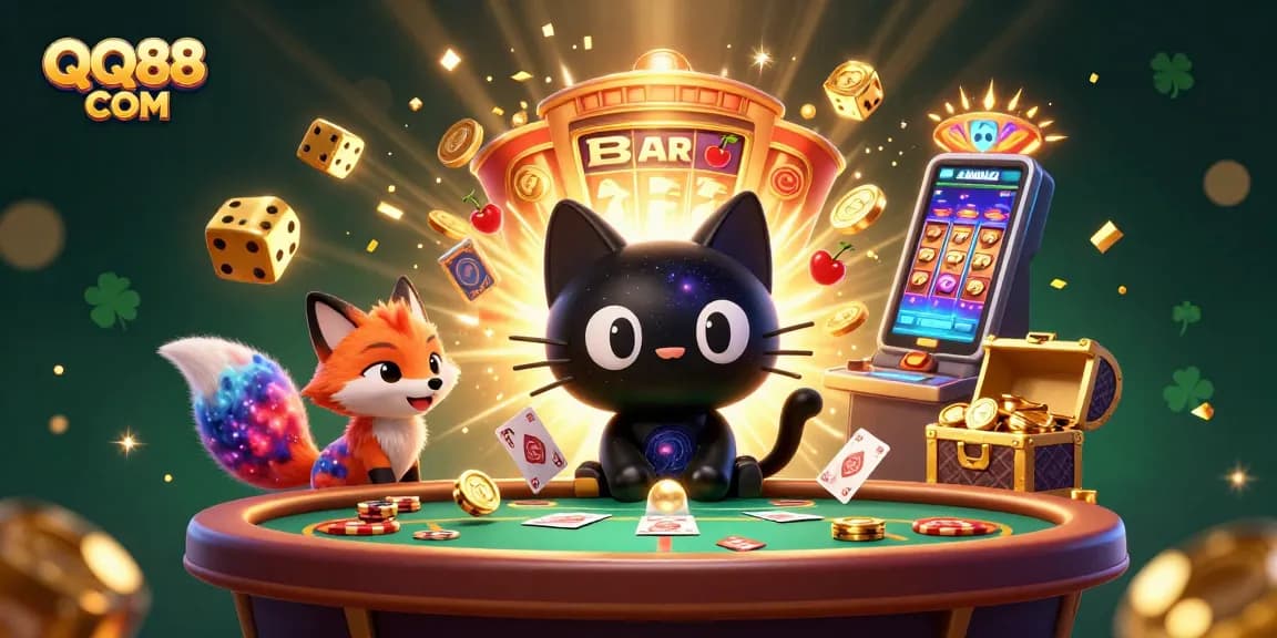 Experience thrilling gameplay with QQ88 COM in a vibrant cosmic casino scene featuring unique characters and games.
