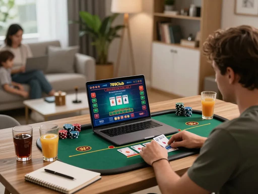 Player enjoying live dealer game on 789Club from a cozy home setup with drinks.