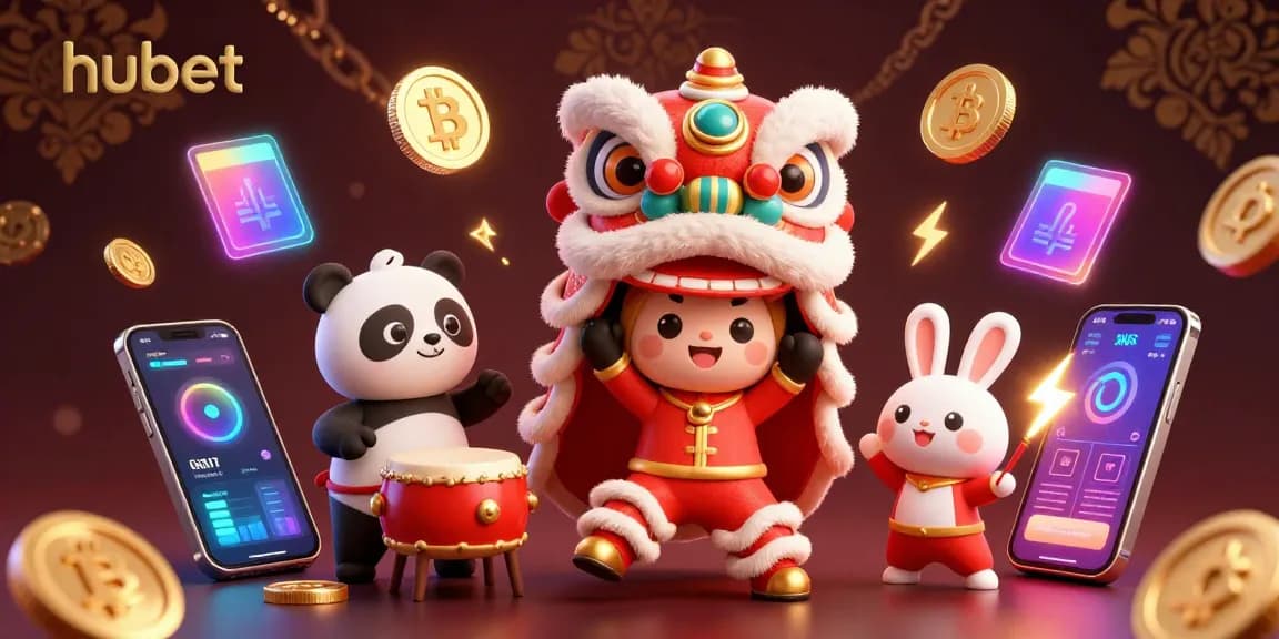 Experience thrilling gameplay at hubet with a vibrant lion dance and crypto-themed illustration.