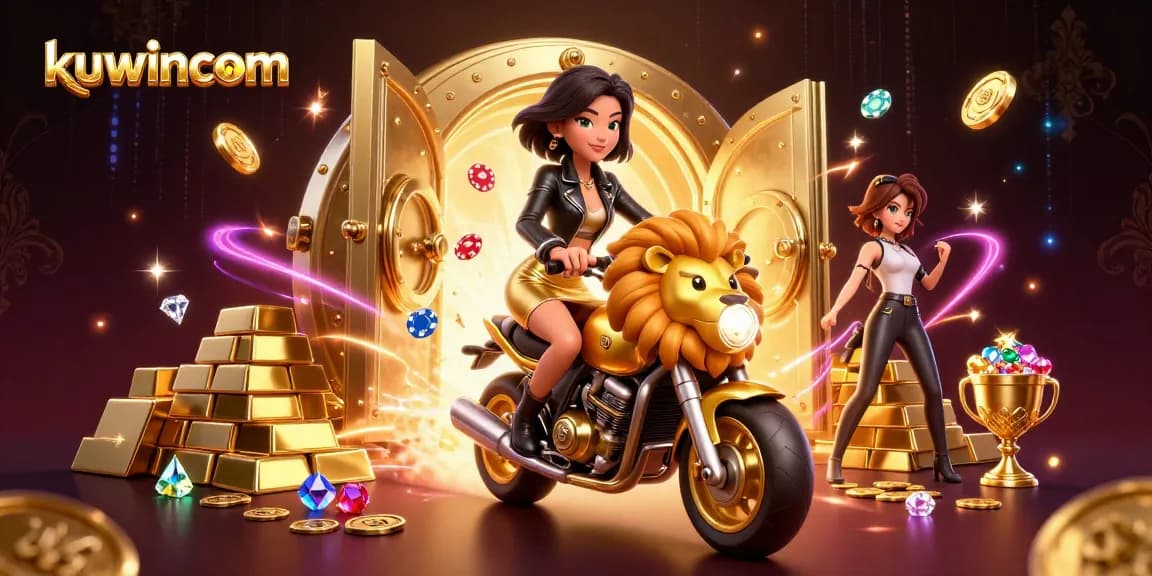 Join the excitement at kuwincom with interactive gaming adventures in a vibrant, casino-themed illustration.