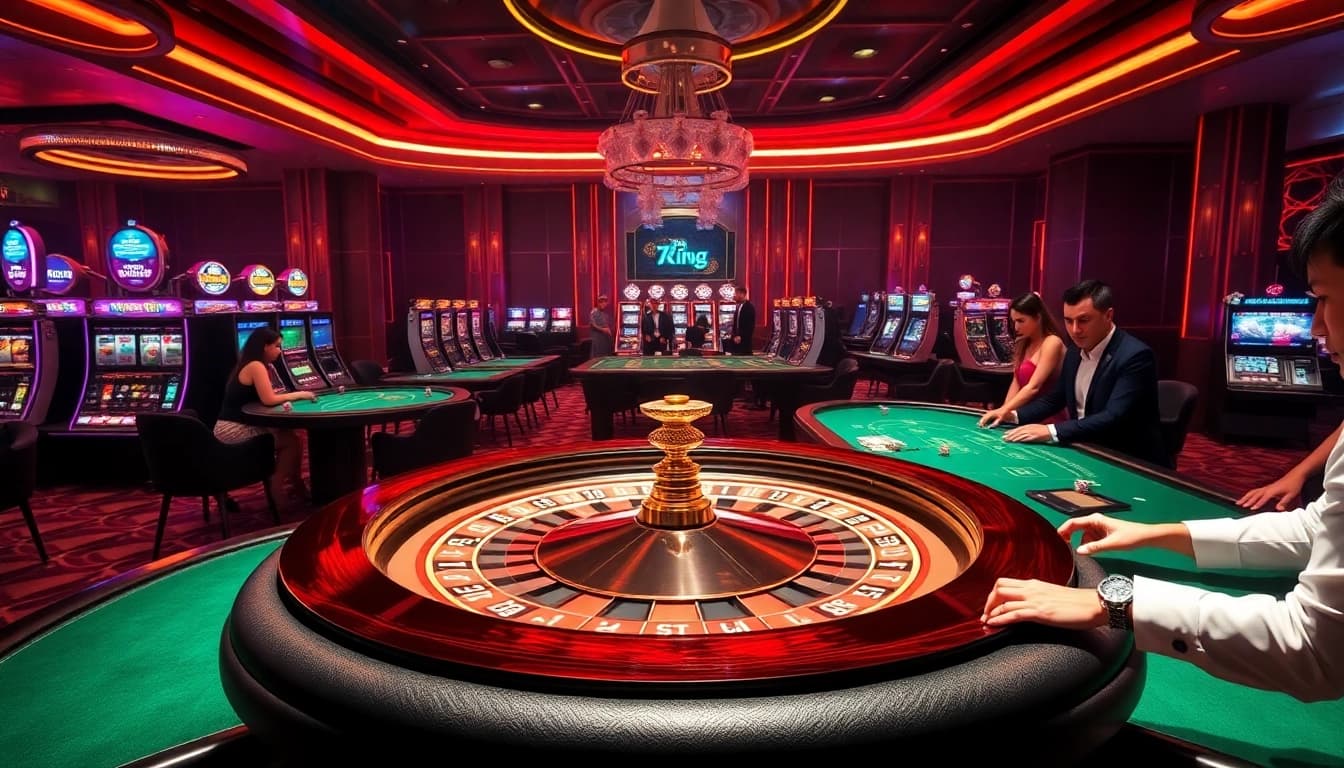 Excited players engaging in games at 79KING's luxurious casino, featuring roulette and slot machines.