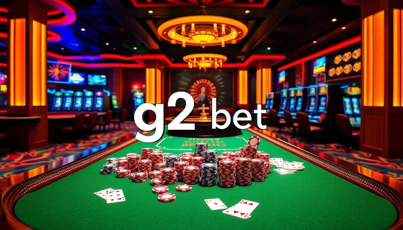 Visualize a luxurious casino scene with g28 bet elements, featuring vibrant poker tables and elegant gaming setups.
