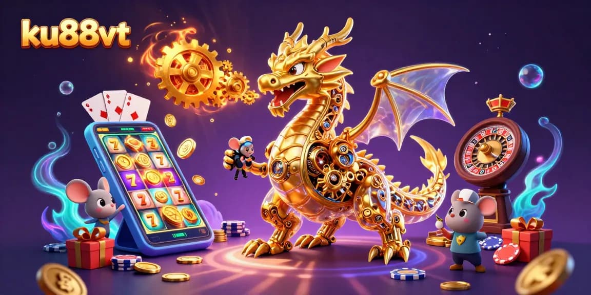 Engage with ku88vt's vibrant casino scene featuring a golden dragon and exciting game elements.
