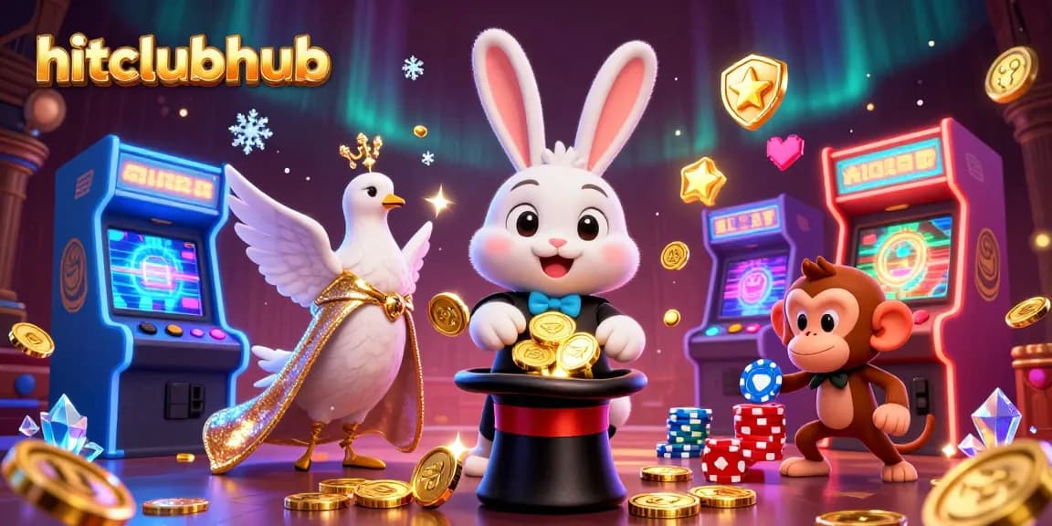Experience the excitement of hitclubhub with a magical 3D illustration of a magician rabbit and casino elements.