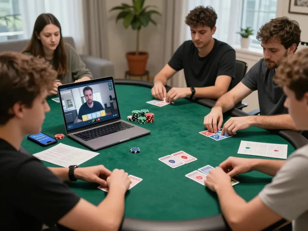 Engaged players strategizing in a live poker game on gamebaidoithuong8 with cards and chips