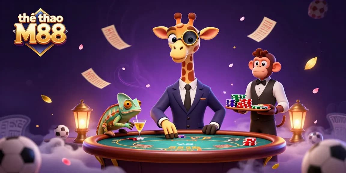 Experience the excitement of thể thao M88 with a vibrant illustration of a giraffe and friends in a dynamic betting scene.