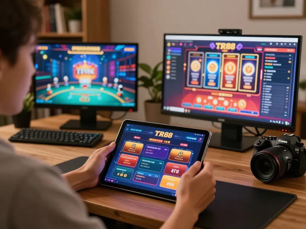 Engaging with TR88 đăng nhập on a tablet in a cozy home gaming setup.