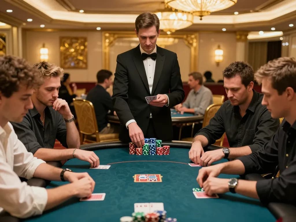 Players in a NOWGOAL poker game focused on their cards and strategy in an upscale casino.