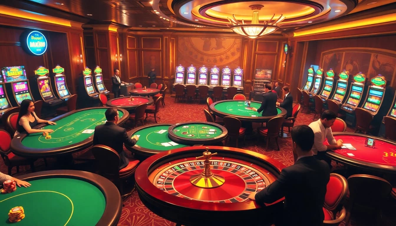 Engage in thrilling gameplay at nhà cái max88 with poker tables and slot machines in a luxurious casino setting.