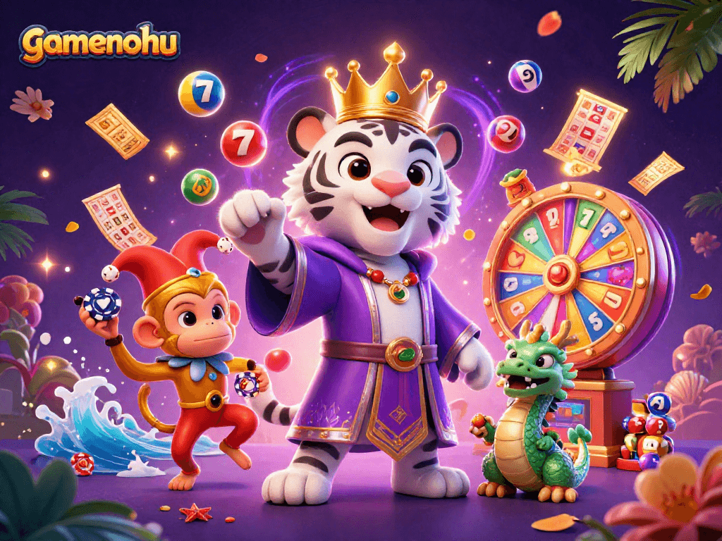 Experience the vibrant world of gamenohu with a dynamic 3D casino illustration featuring iconic symbols.