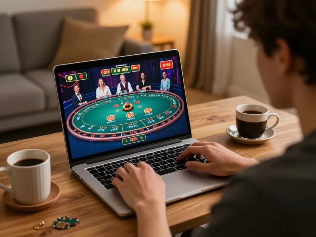 Engage with nhà cái mb66 online gaming sessions in a cozy home setup with a laptop and live dealer.