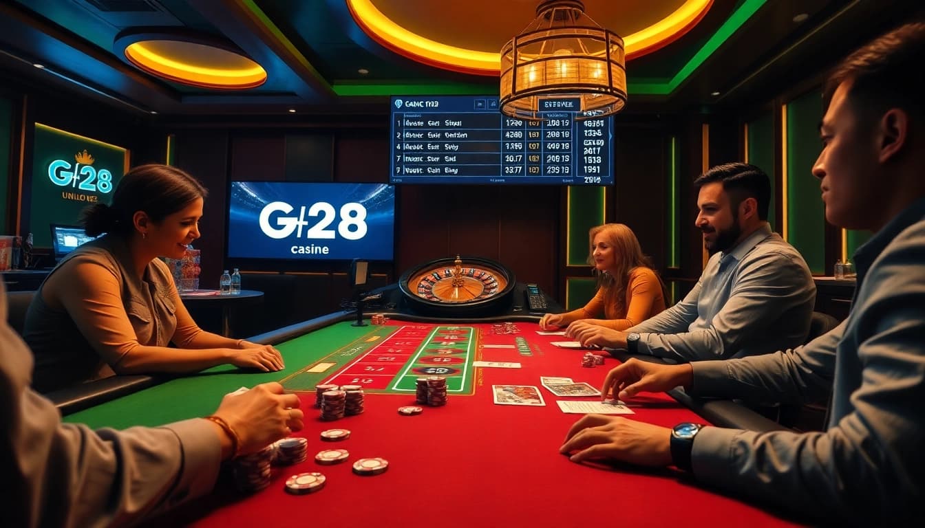 G28 online casino scene featuring players enjoying poker and roulette with vibrant energy.