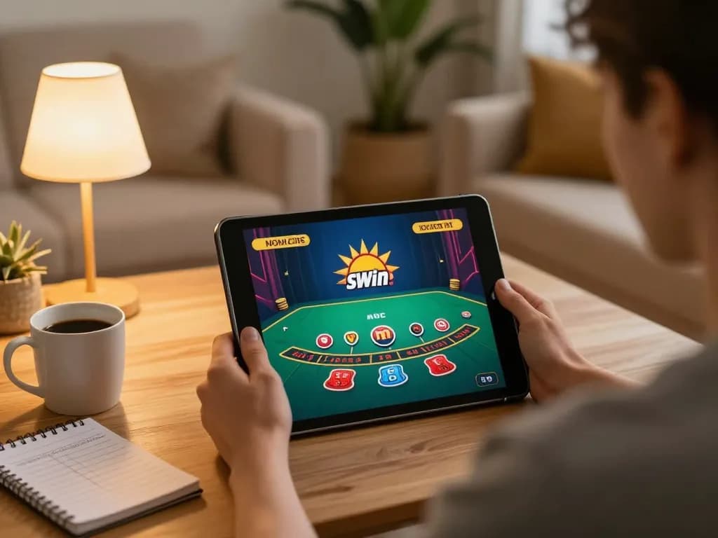 Engaging player using sunwin app for live blackjack, cozy home setting enhancing online gaming experience