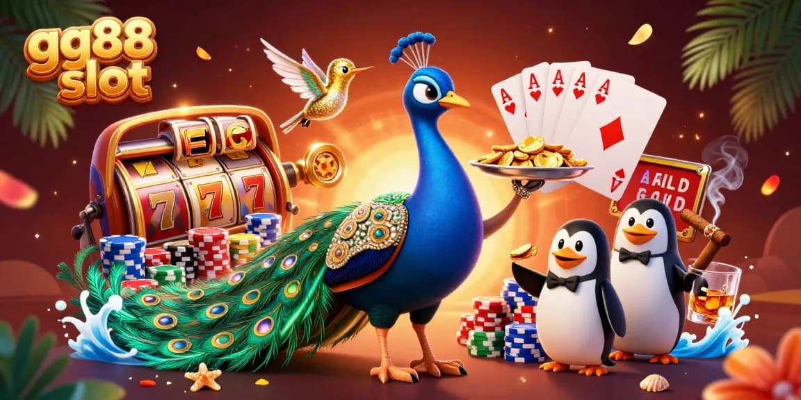 Experience the vibrant gg88 slot game with a majestic peacock and lively characters in a shimmering casino setting.