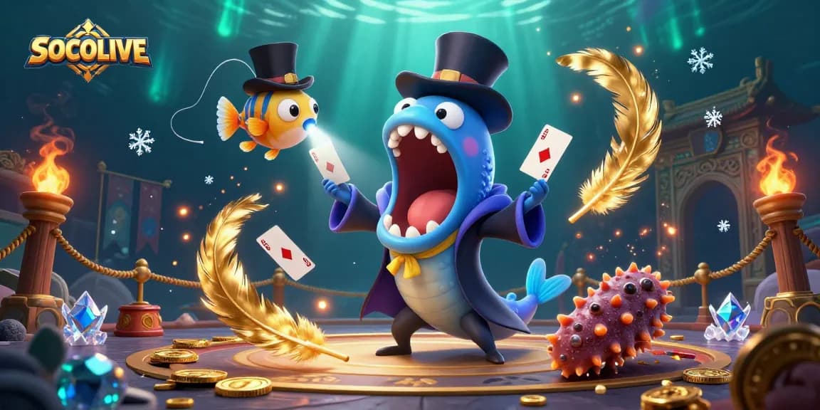 SOCOLIVE showcases a vibrant underwater scene with a gulper eel, anglerfish, and sea cucumber performing a magic act surrounded by casino elements.