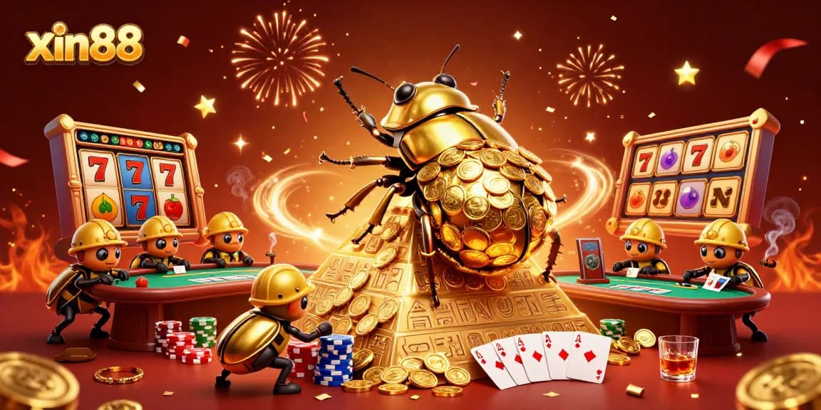 Engage with xin88's vibrant casino action featuring golden beetles and energetic gaming elements.