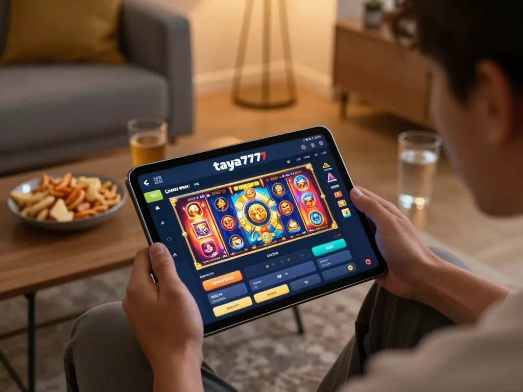 Engaging with taya777app on tablet for a vibrant gaming session in a cozy setting.