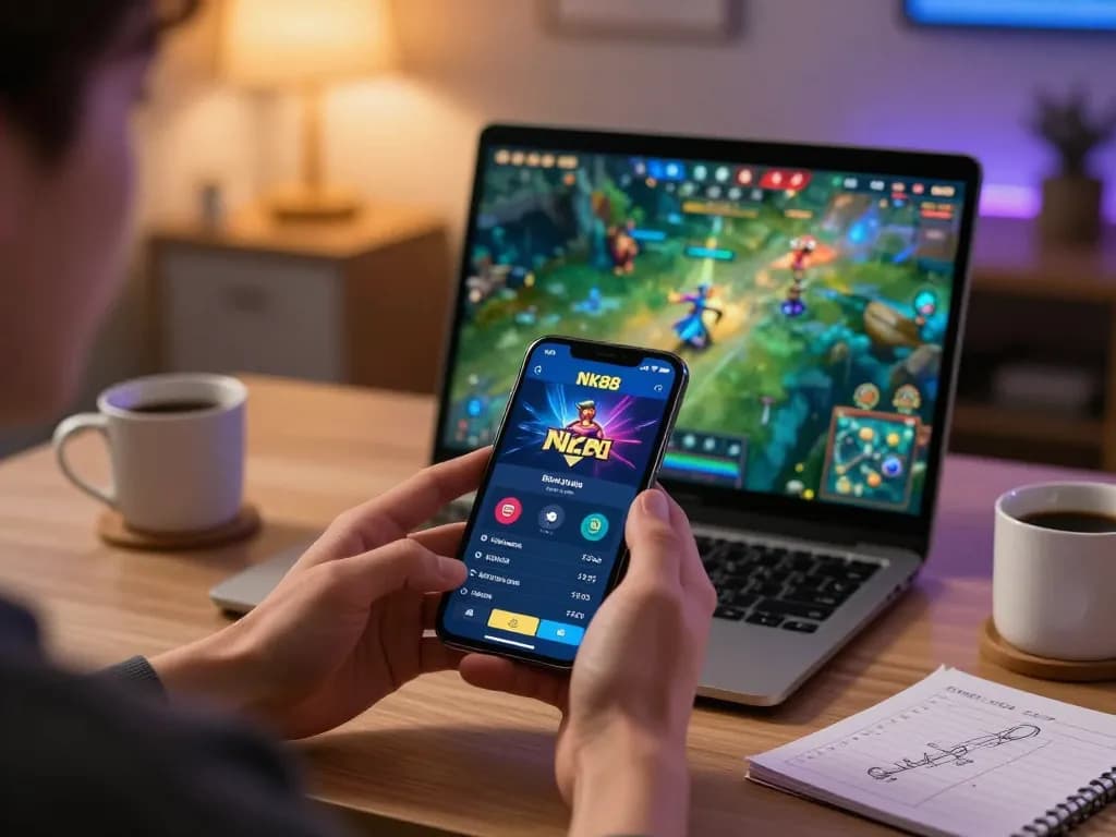 Engaging gameplay on NK88 bet app, showcasing a player strategizing in a cozy home environment