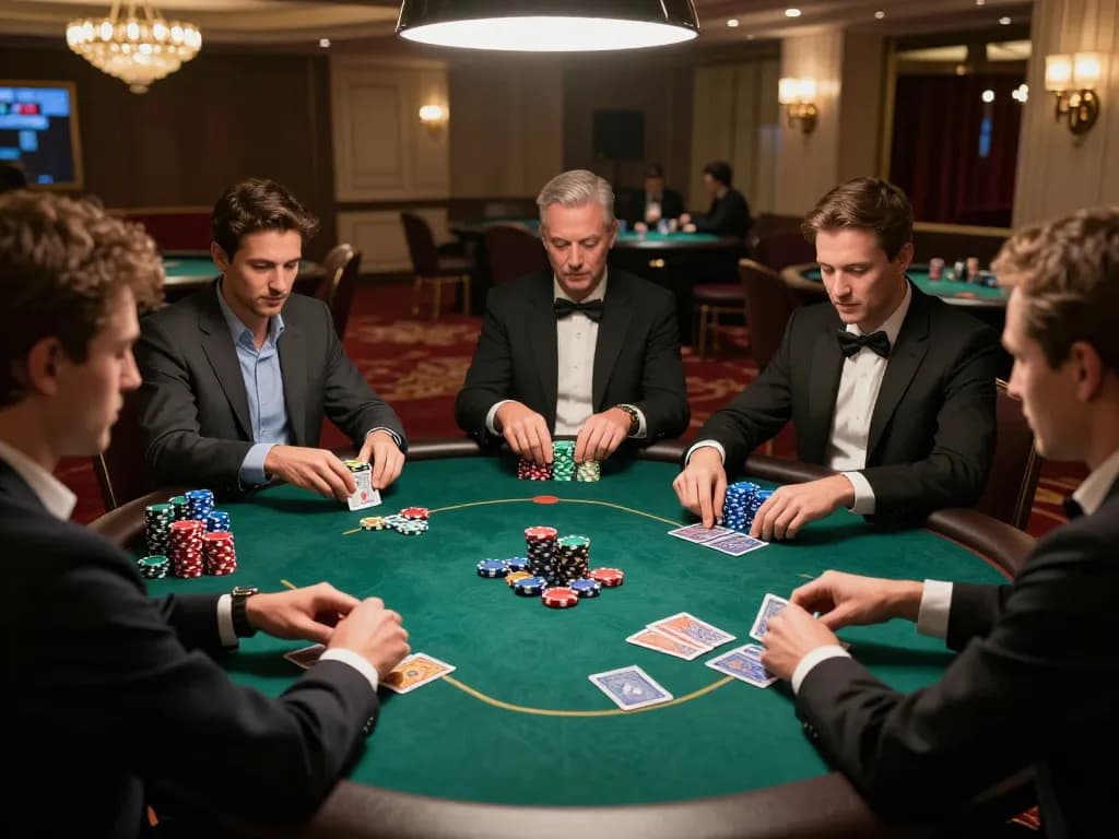 TA88 poker players engaged in a high-stakes game at a luxurious casino table.