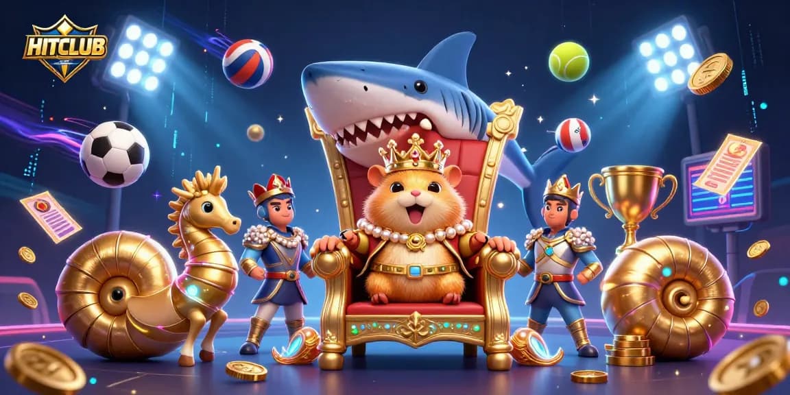 HITCLUB showcases a fierce golden hamster king in a dazzling casino scene full of vibrant sports betting elements.
