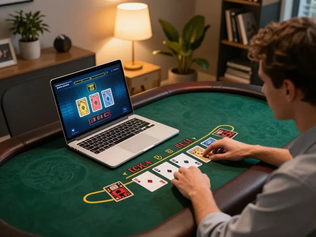 Bayvip player strategizing during an online blackjack game at home, showcasing digital table and cozy setup.