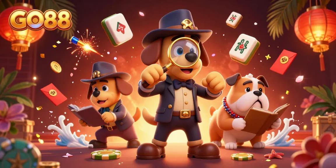 Engage with GO88's thrilling games in a packed scene featuring a detective uncovering clues.
