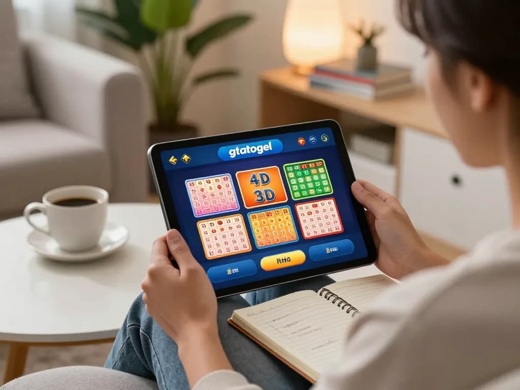 Player engaging with gtatogel lottery options on a tablet at home, showcasing a cozy and strategic gambling setup.