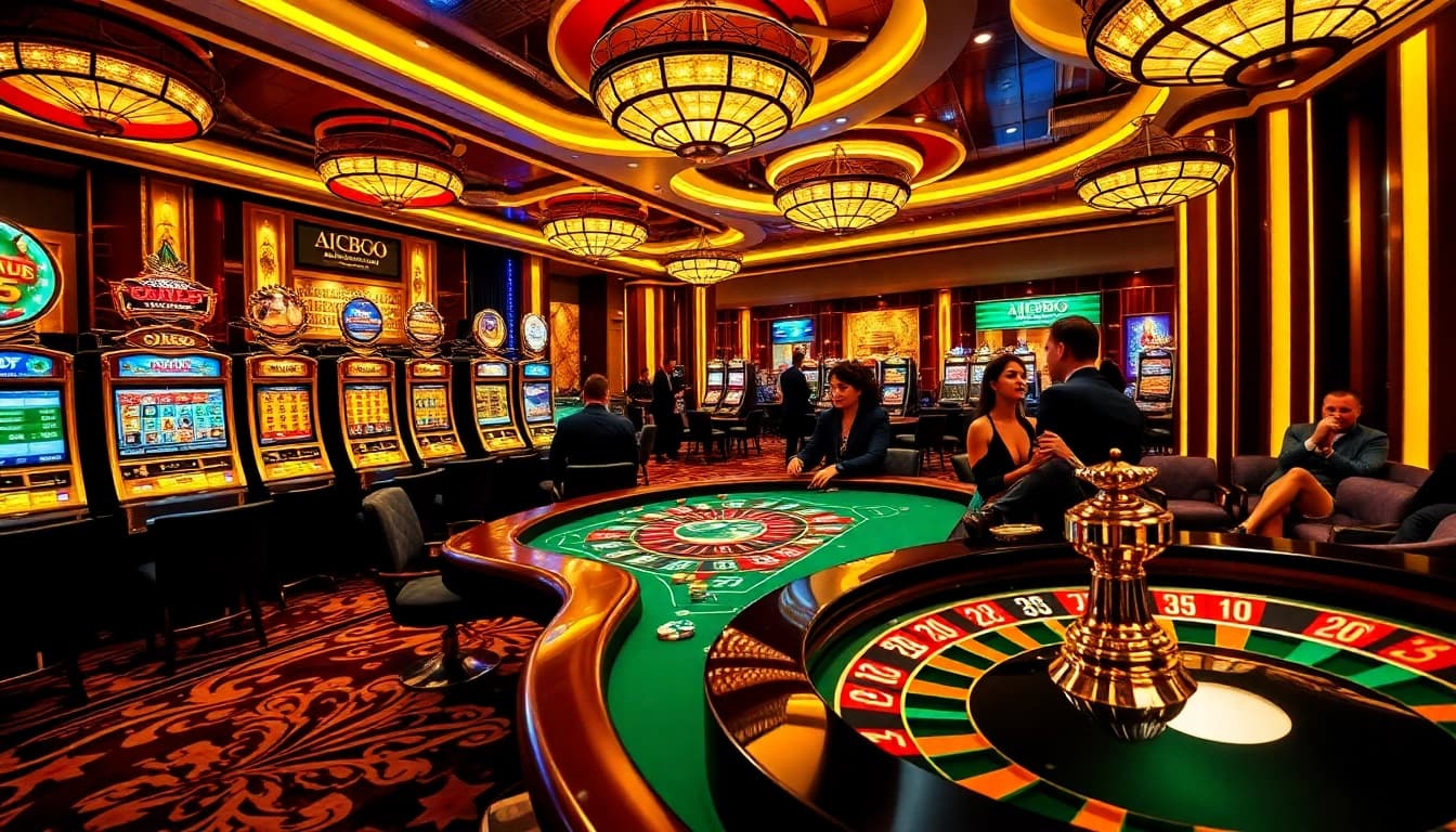 Players enjoying a thrilling game at a jbo casino with elegant slot machines and a vibrant atmosphere.