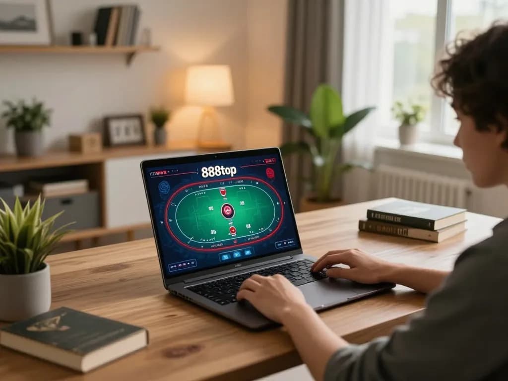 Engaging in an online poker game on 888top from a cozy home office setup.