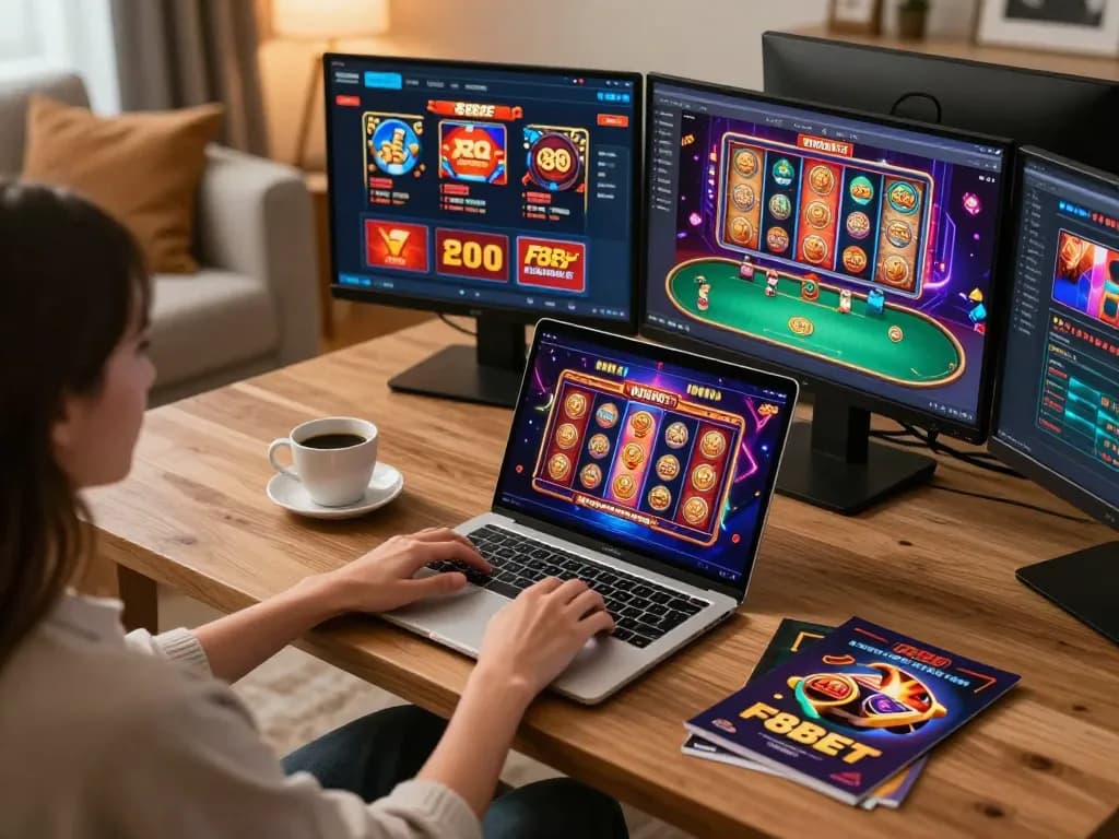 Engaging with F8BET from home, showcasing online casino gaming environment and strategy materials.