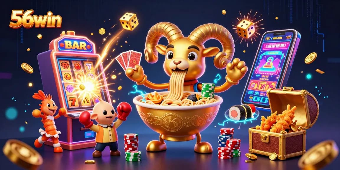 Join the thrilling action with 56win's vibrant casino scene featuring animated characters and colorful slots.