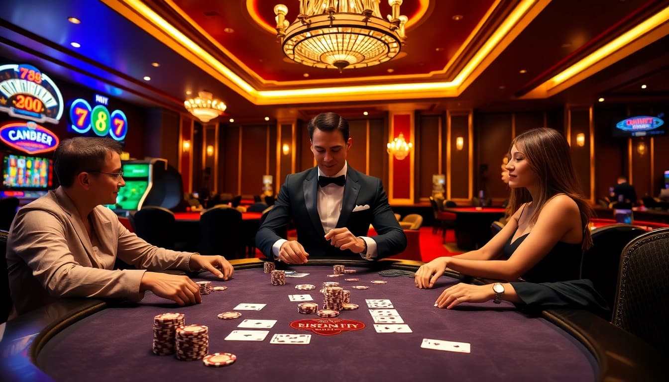 Experience the excitement of gambling at 789bet with a luxurious casino setting featuring poker and slot machines.