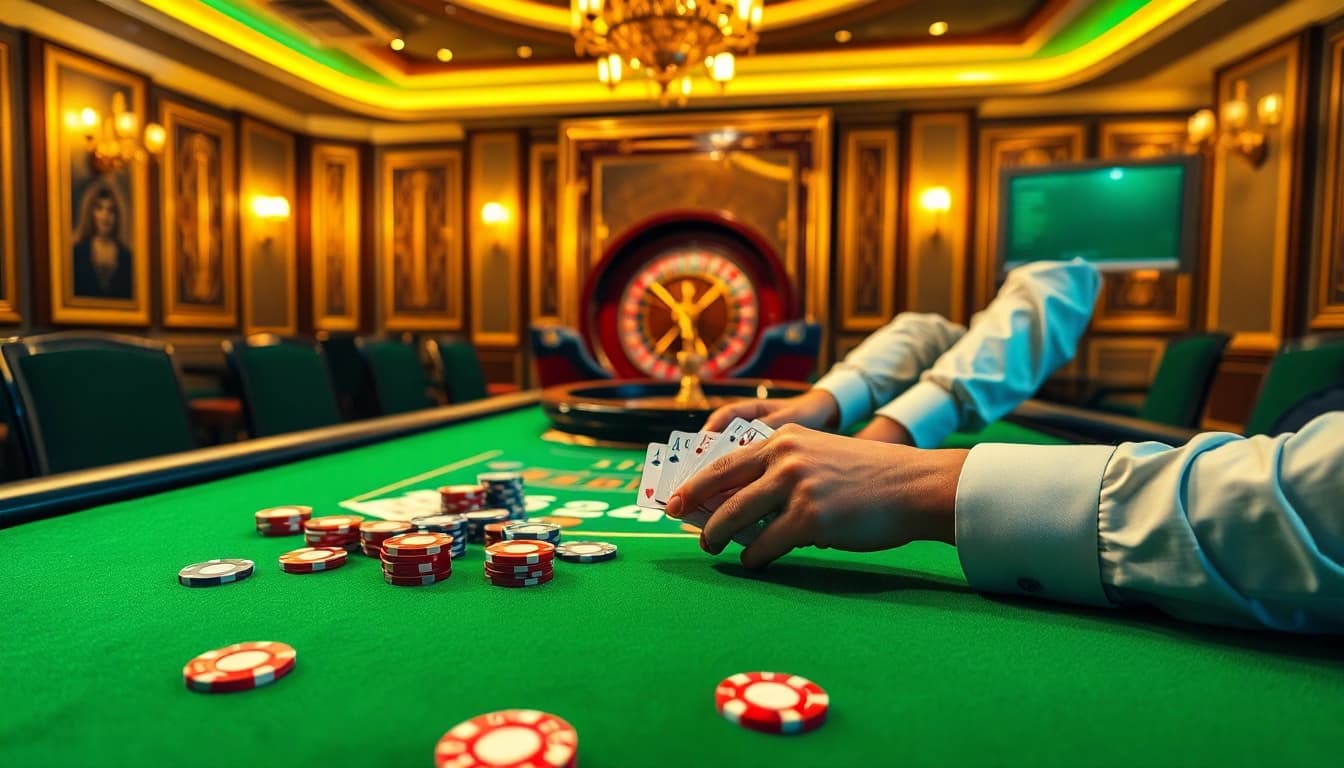 Experience the thrill of casino gaming with a luxurious table scene at kjc.com featuring cards and chips.