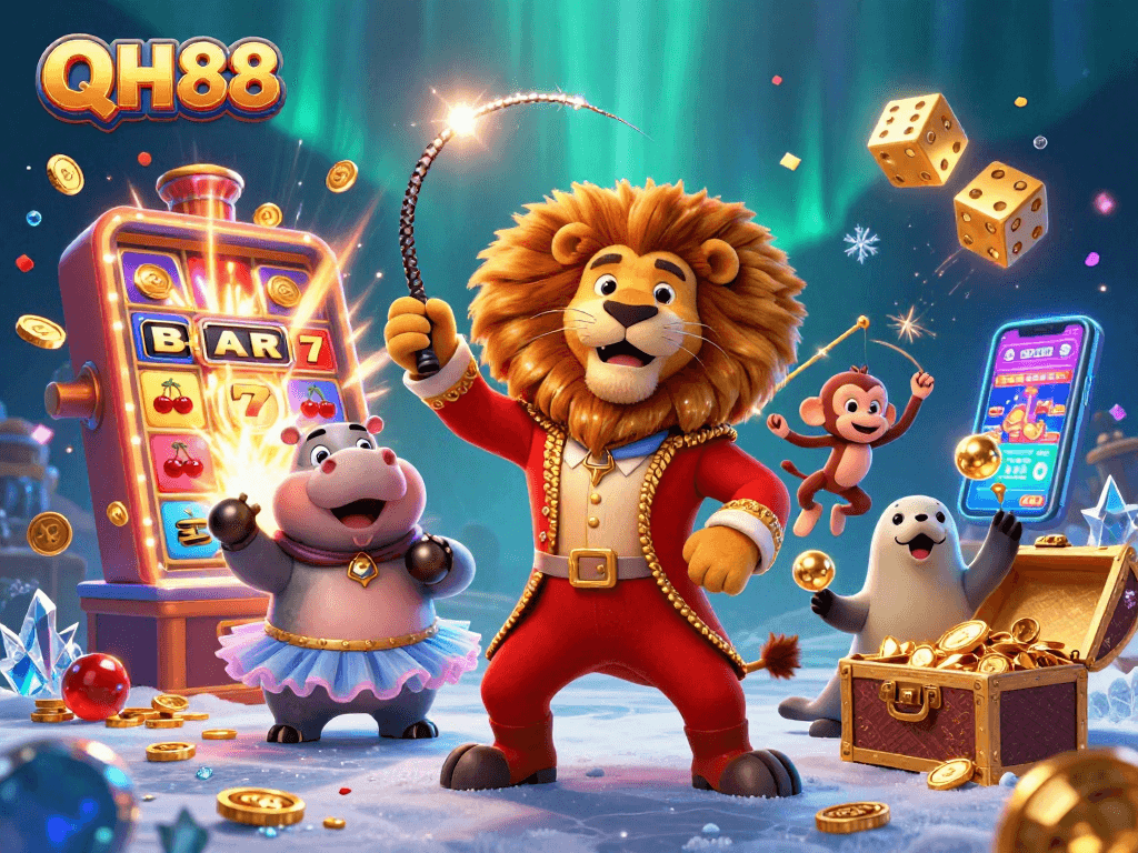 QH88 features an exciting 3D casino scene with a colorful slot machine and lively characters.