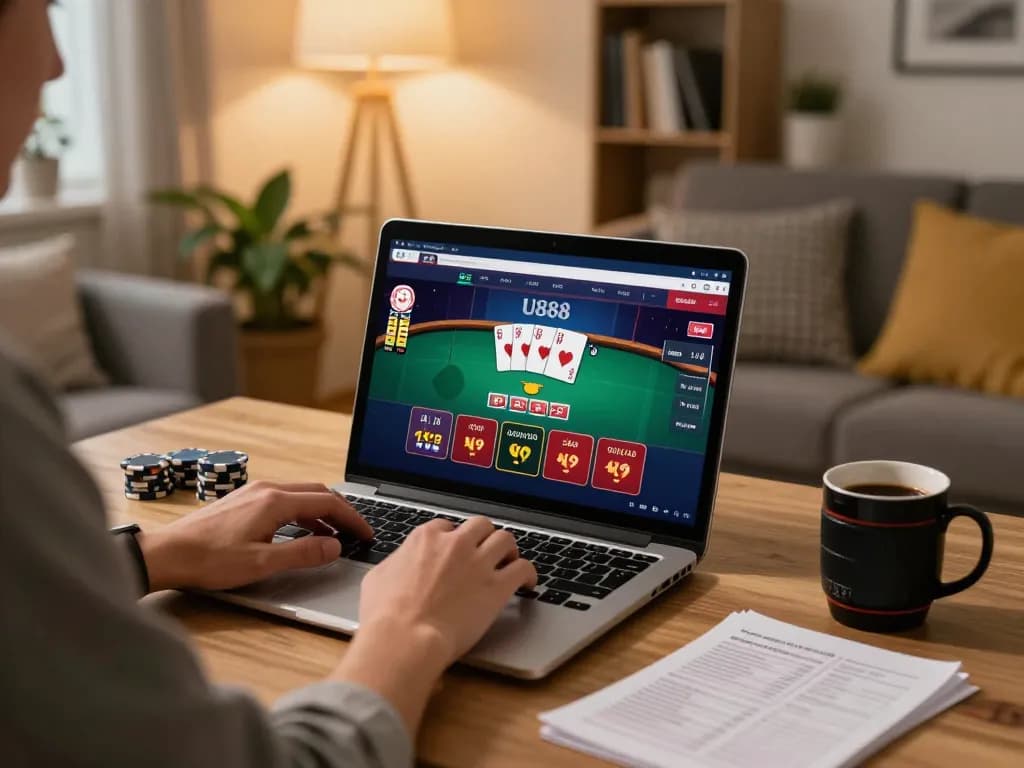 Engaging in U888 online gaming, a player strategizes with lively poker interface on their laptop at home.
