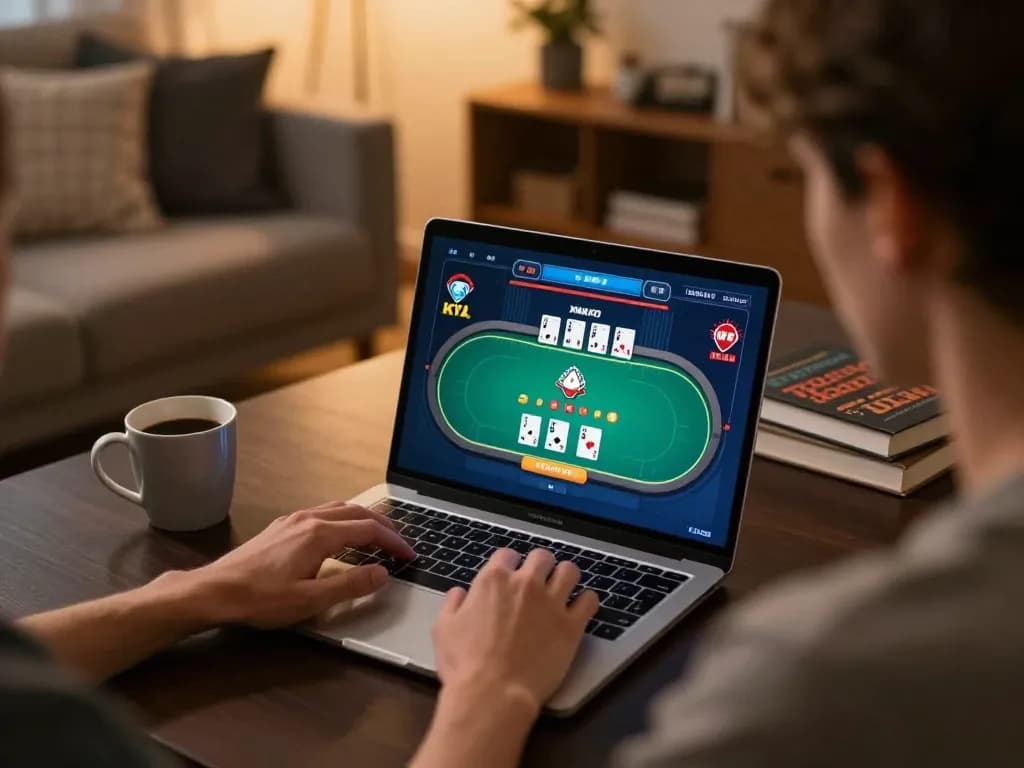 Enjoying a thrilling online poker game on rik vip platform at home.
