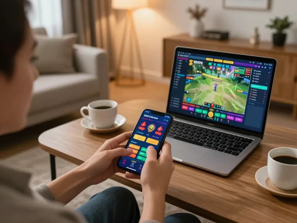Pemain terlibat menikmati aksi taruhan toto di perangkat mobile di pengaturan ruang tamu yang nyaman