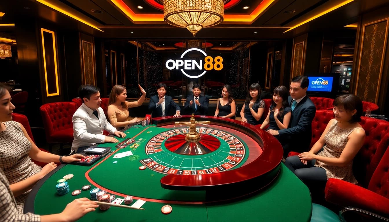 Players enjoying a thrilling game at a thương hiệu OPEN88 casino table filled with poker chips and cards.